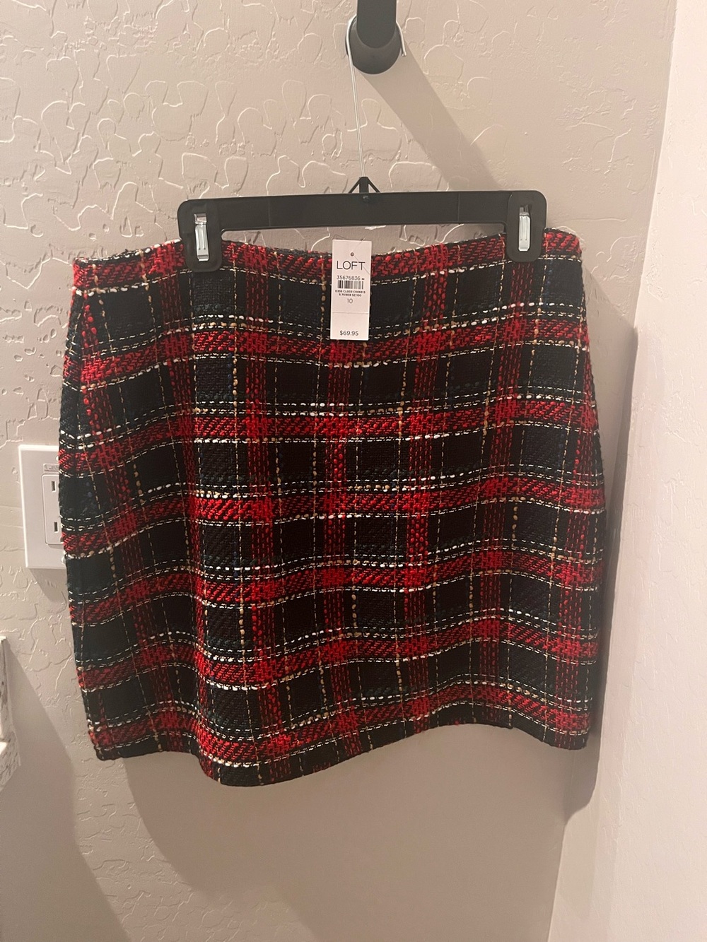 LOFT Red and Black Plaid Tweed Skirt